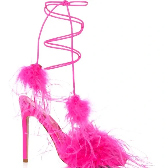 NEW AZALEA WANG “I’m That Girl” Feather Sandal In Fuchsia. Worn Once- Photoshoot - Picture 6 of 10